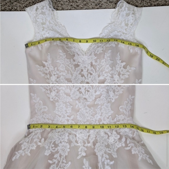 Enchanting Mon Cheri A-Line Lace Tulle Cap Sleeve Short Wedding Dress - Picture 12 of 13